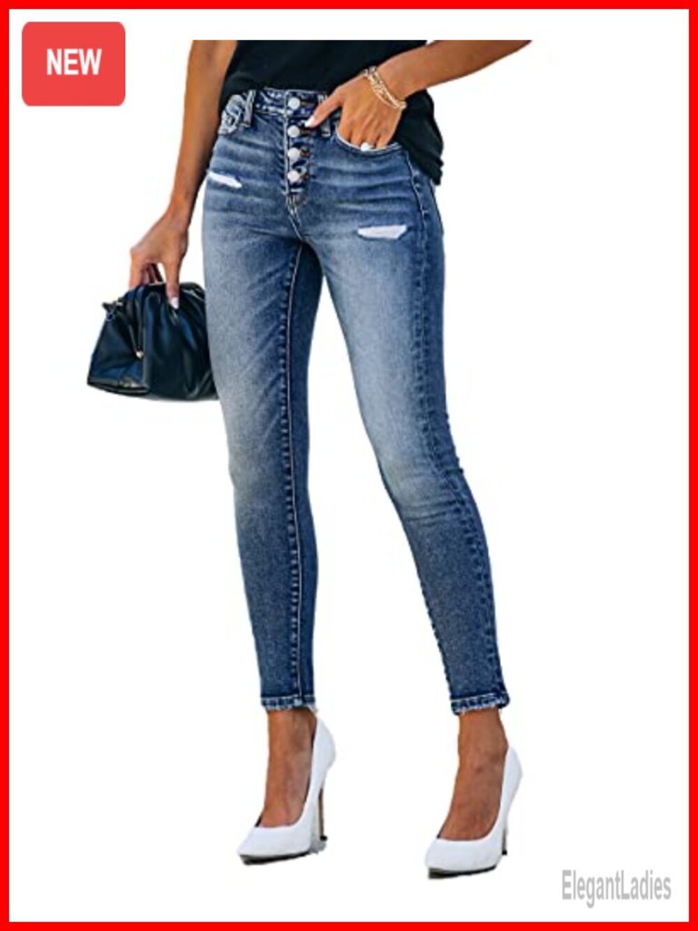 High Rise Skinny Stretch Button Ripped Jeans Distressed Denim Pants - Picture 2 of 7